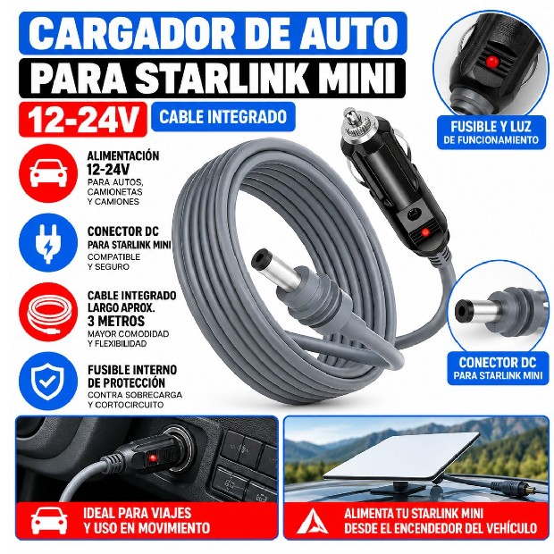 &ua CARGADOR AUTO PARA STARLINK MINI 3 MTS (6510)